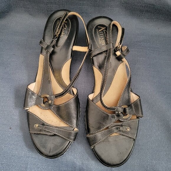 CLARKS-ARTISAN-black leather strappy wedge 10M Womens Sandals - Picture 2 of 7
